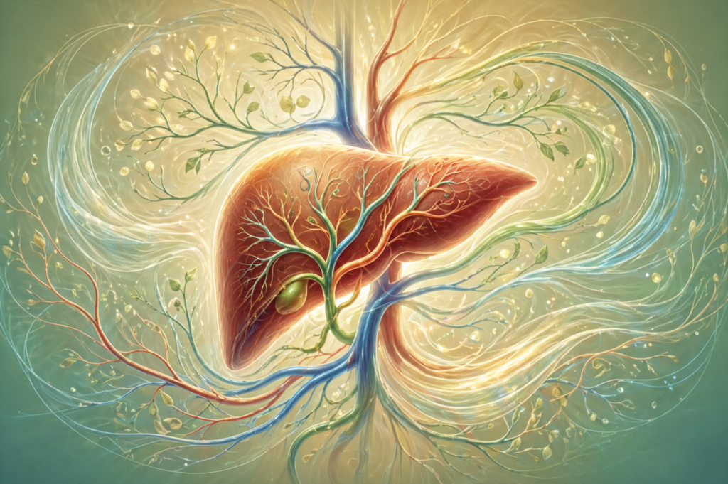 Illustration du foie montrant la libre circulation des flux métaboliques et son rôle dans l’équilibre du corps et l’inflammation