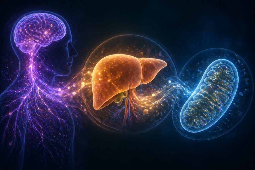 Illustration des interactions entre système nerveux, foie et mitochondries montrant la hiérarchie des fonctions dans l’équilibre du corps