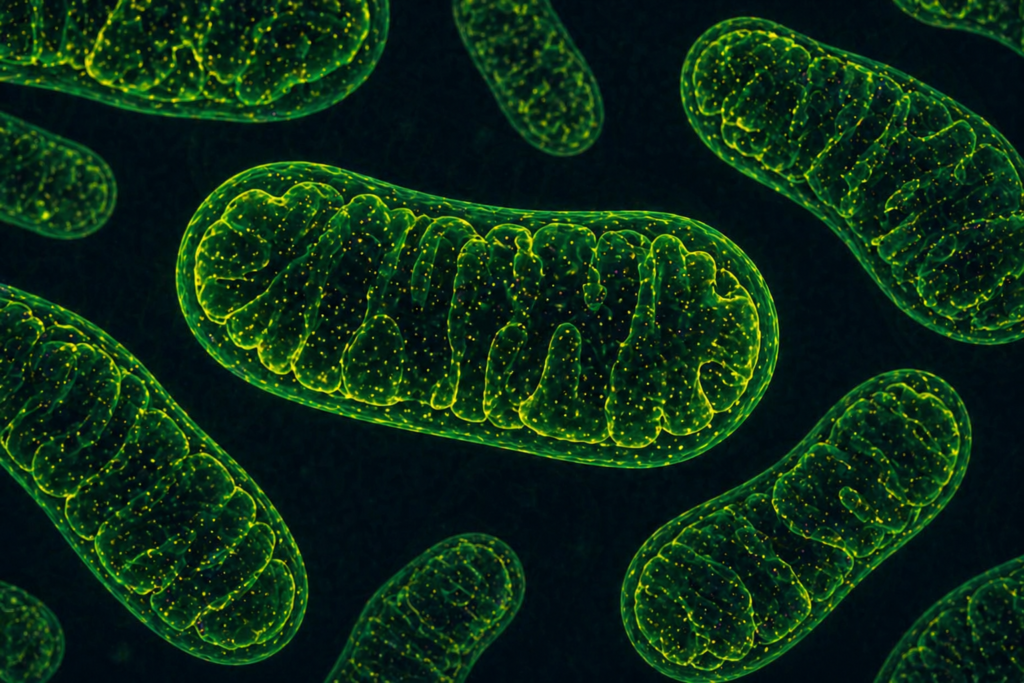 Illustration de mitochondries montrant la production d’énergie cellulaire et leur rôle dans la fatigue chronique et la vitalité