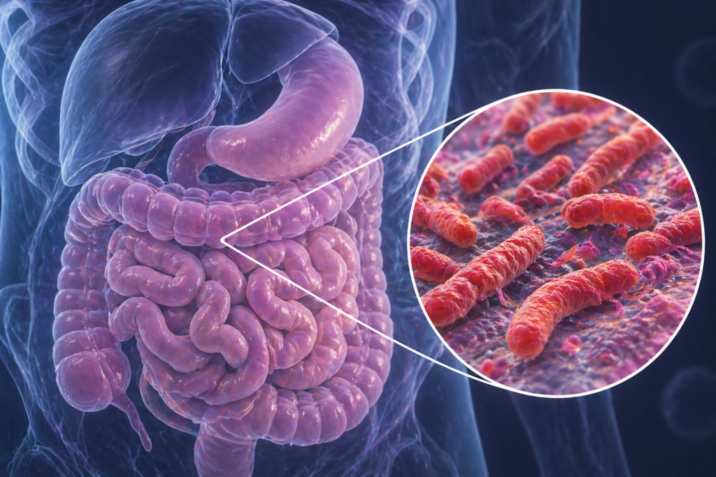 Illustration du SIBO montrant une prolifération bactérienne dans l’intestin liée à un déséquilibre du microbiote et des troubles digestifs