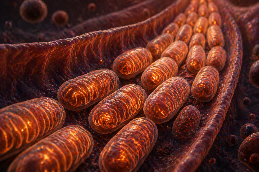 Illustration de mitochondries bloquées en file représentant une stagnation métabolique et un ralentissement de la production d’énergie cellulaire