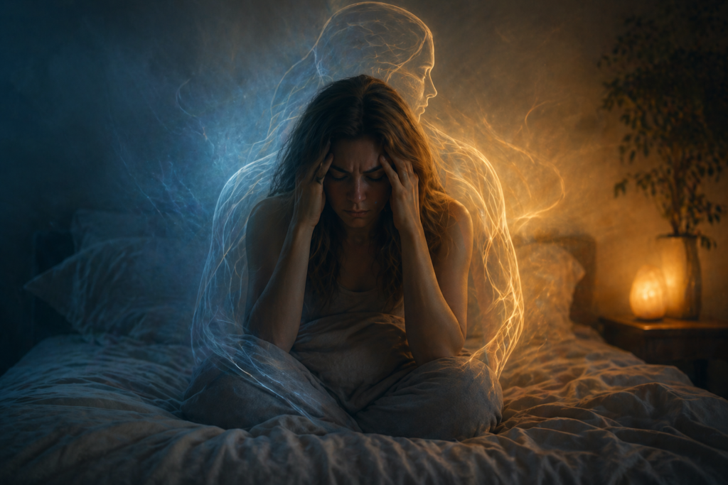 Illustration d’une femme en stress la nuit représentant un système nerveux bloqué en mode survie et l’impact du stress chronique sur le corps