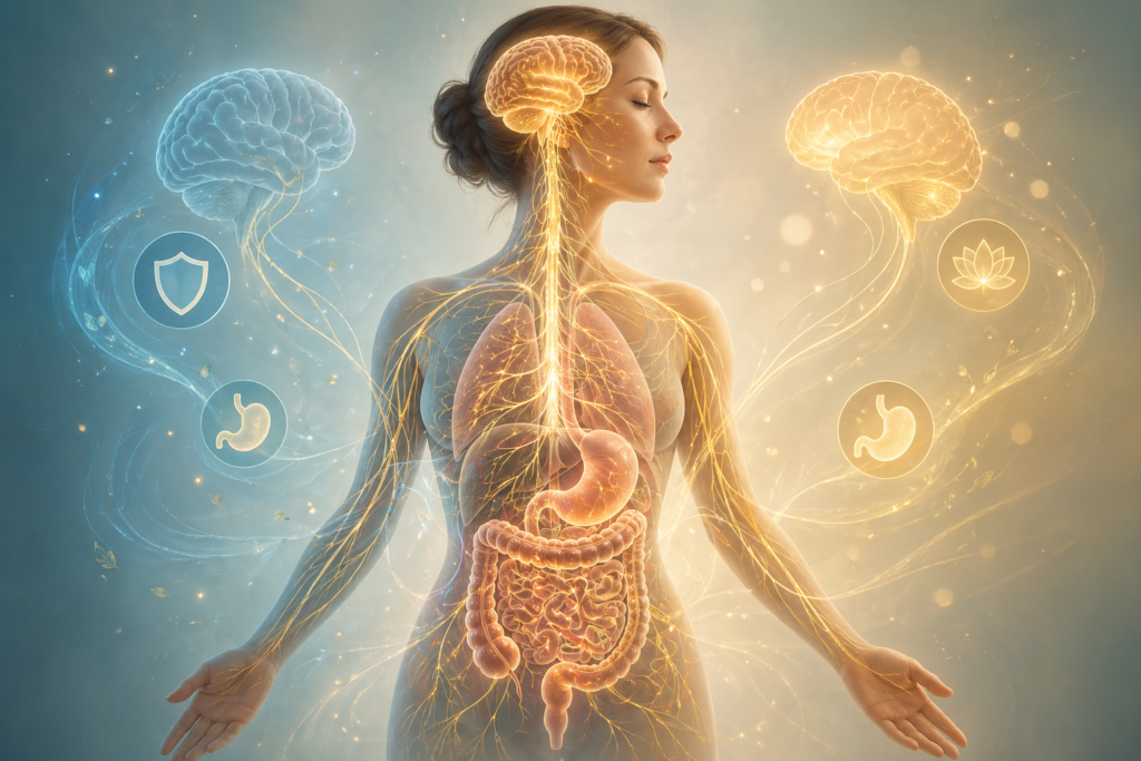 Illustration du système nerveux autonome et de la digestion montrant l’impact du stress sur les fonctions digestives