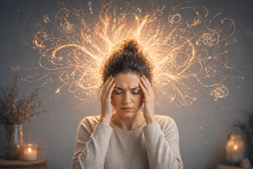 Illustration d’une surcharge mentale et d’une hypervigilance liée au stress et à un système nerveux en mode alerte