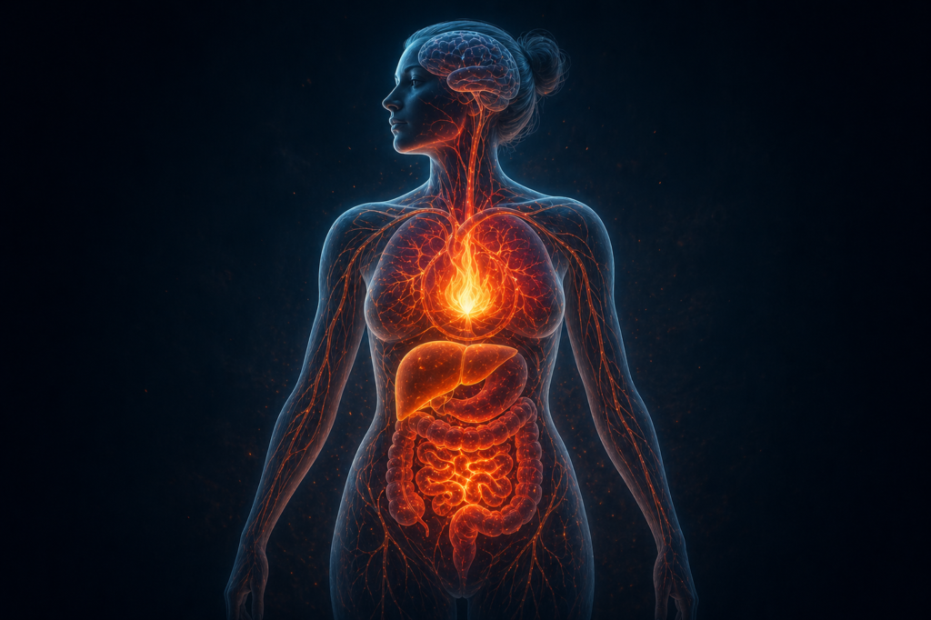 Illustration du corps humain avec un foyer inflammatoire interne symbolisé par un feu, montrant les systèmes nerveux, digestif et circulatoire impliqués dans l’inflammation chronique