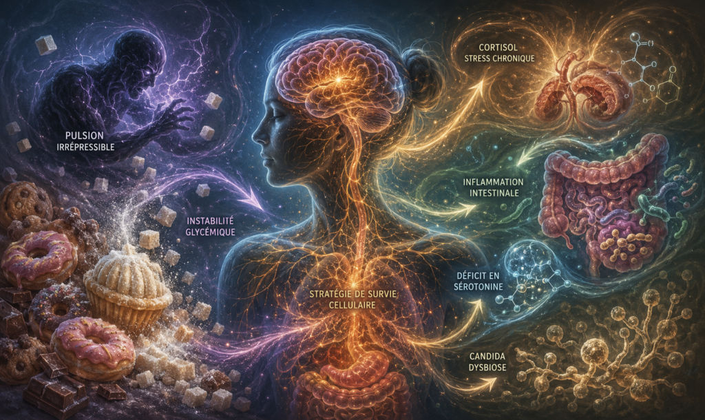 Illustration physiologique montrant les liens entre addiction au sucre, stress chronique, inflammation intestinale, cortisol, microbiote, sérotonine et stratégie de survie cellulaire.